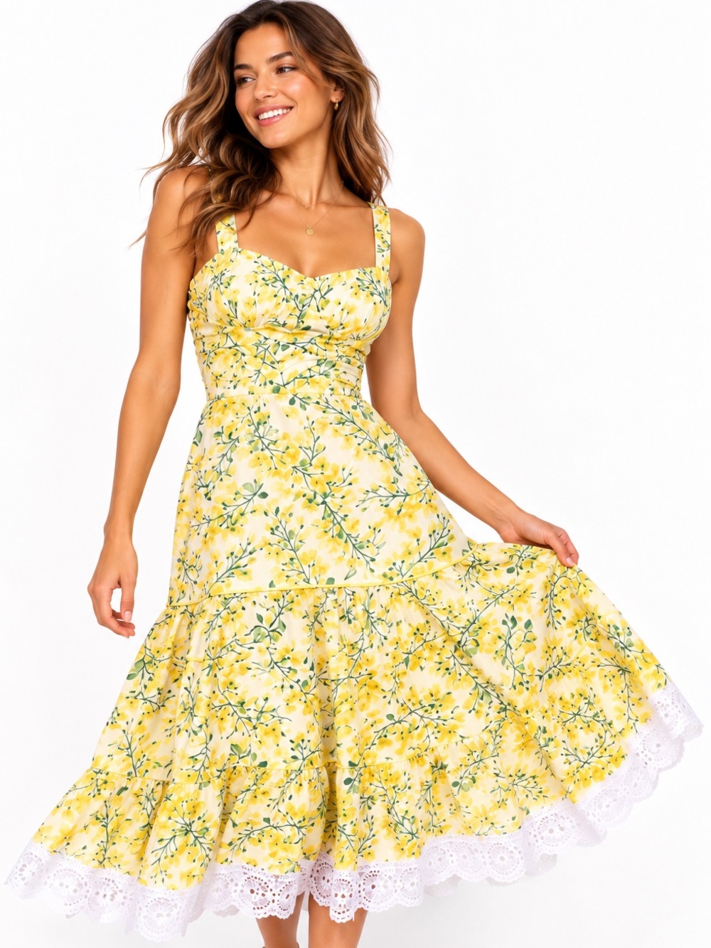 Kleid Renatta Yellow Floral Corset Midi Dress Lace Hem NWT M